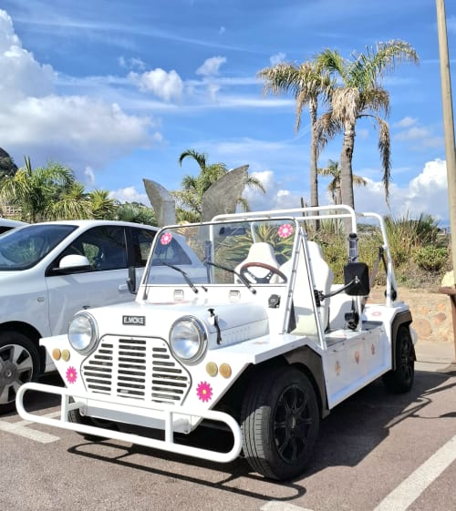 White vintage-style electric buggy with pink flowers at Villa Colina guesthouse in Mandelieu la Napoule, France