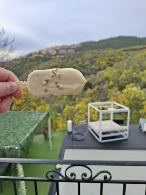 Pistachio ice cream held at Villa Colina with Mandelieu la Napoule hillside vineyards in background