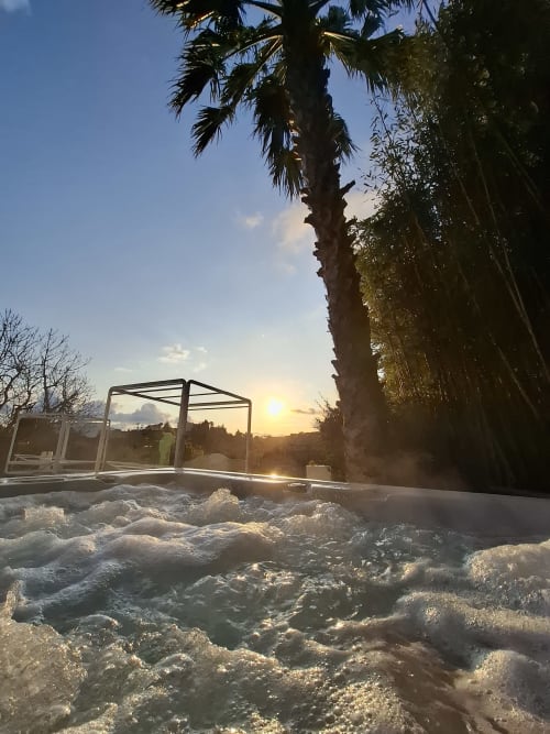 Sunset hot tub with palm tree at Villa Colina, Mandelieu la Napoule, French Riviera