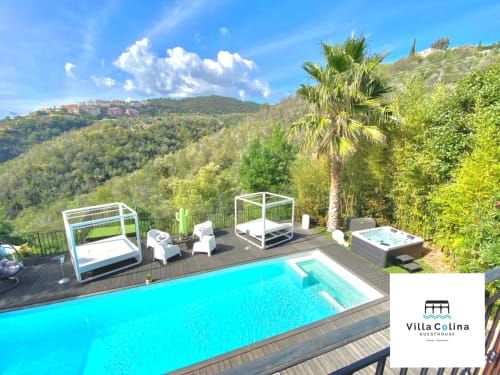 Villa Colina guesthouse pool with loungers, hot tub and mountain views in Mandelieu la Napoule