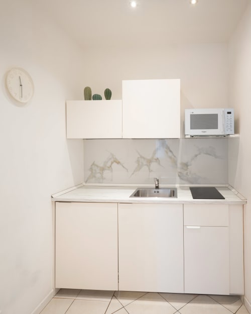 Kitchenette bianca minimalista a IV House Roma con rivestimento in marmo, lavello, piano cottura e cactus in vaso