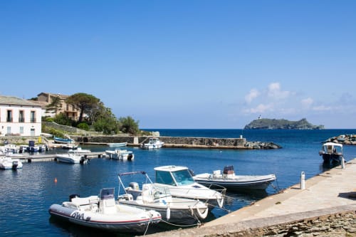 Port de Centuri avec bateaux amarrés et vue sur l'île, destination côtière en Corse