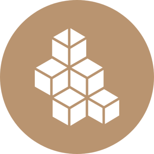 Logotipo de cubo isométrico para hotel Escanda Building Solutions sobre fondo circular beige