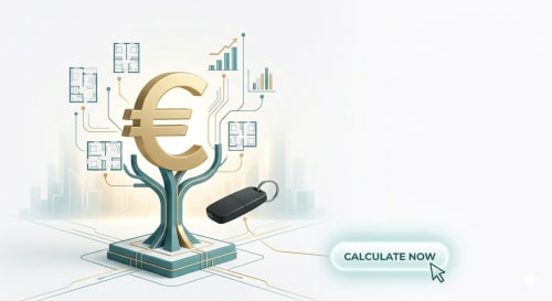 Árvore com símbolo de Euro, layouts de propriedades, gráficos e calculadora para gerenciamento imobiliário Star Host em Bordeira, PT