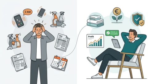 Gerente stressado vs. proprietário relaxado no Star Host hotel em Bordeira, PT - comparação de equilíbrio trabalho-vida