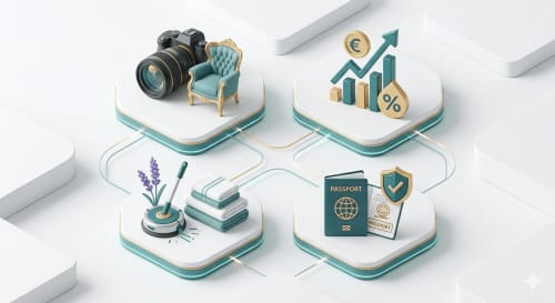 Ícones de gestor de propriedade Star Host: fotografia, finanças, estilo de vida e verificação de viagens para acomodação em Bordeira