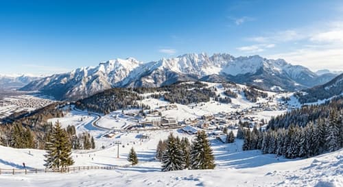 Valle alpina innevata con stazione sciistica, montagne e foresta presso Casa Meravigliosa a Pordenone, Italia