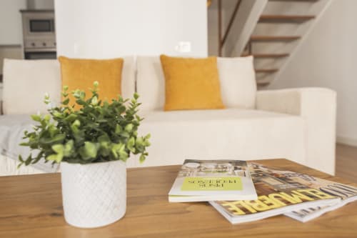 Moderno salón con sofá color crema, cojines amarillos, planta en maceta y revistas sobre mesa de madera en Ab Be Penthouse, Málaga
