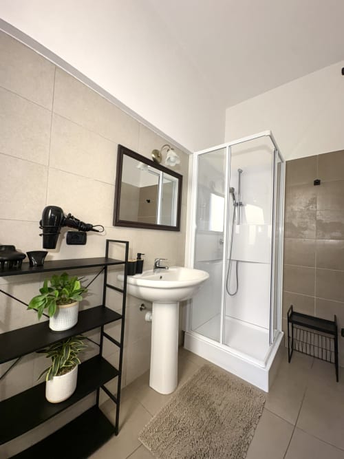 Bagno moderno del Il Tenore B&B a Verona con lavabo su colonna, box doccia in vetro, scaffali neri con piante e cornici