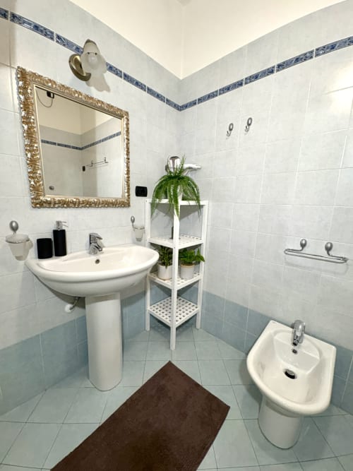 Bagno moderno del B&B Le Arche a Verona con lavabo su colonna, bidet, specchio e piante in vaso su mensole