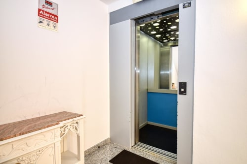 Modern elevator entrance in beachfront apartment building, Palafrugell, Spain
