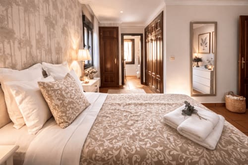 Lujosa habitación en la casa rural Holibai de Baiona con mobiliario elegante, vistas a las montañas y equipamiento moderno