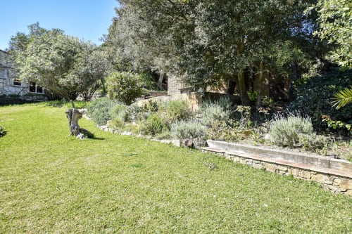 Jardin luxuriant à Finques Garcia Enrich à Palafrugell avec pelouse soignée, oliviers et terrasse en pierre