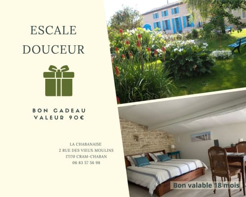 Bon cadeau "Escale Douceur" de 90 € à La Chabanaise : offrez une nuitée en chambre d'hôtes de charme avec vue sur le jardin fleuri dans le Marais Poitevin.