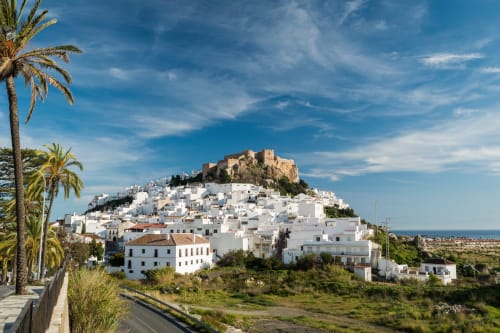 Fortaleza de la Alcazaba dominando cascos blancos de Salobreña, Granada, con palmeras y costa mediterránea