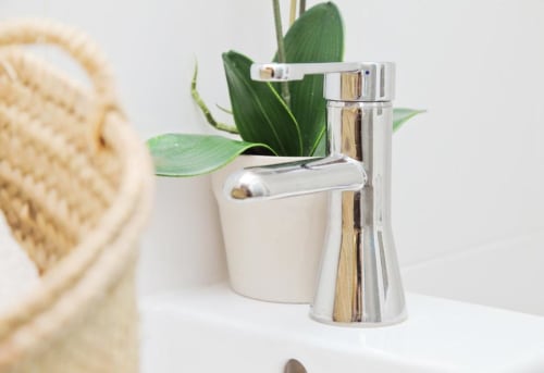Grifo cromado moderno con planta en maceta en baño de apartamento barcelonés