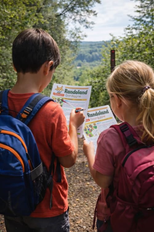 Enfants en randonnée en Dordogne résolvant des énigmes Randoland en pleine nature