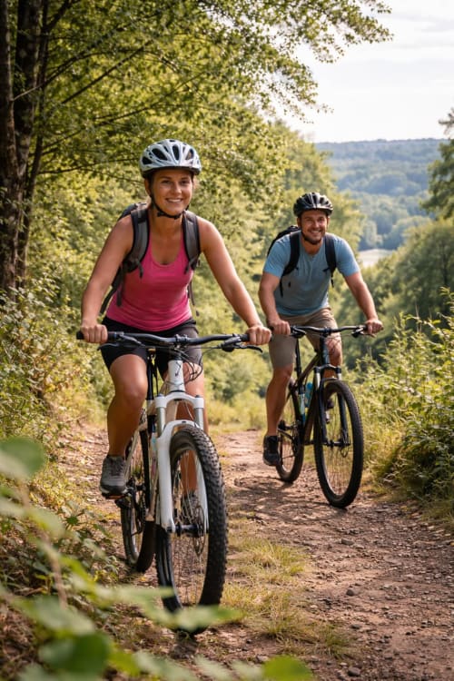 Deux adultes en VTT sur un parcours en pleine nature en Dordogne