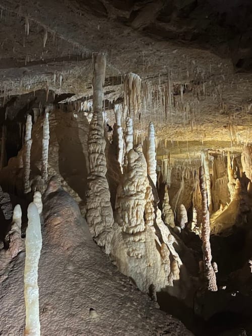 Intérieur d’une grotte en Dordogne avec stalactites et stalagmites impressionnantes