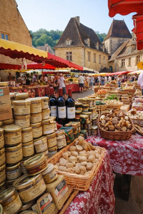 Marché en Dordogne avec produits locaux du Périgord comme foie gras, vin et champignons