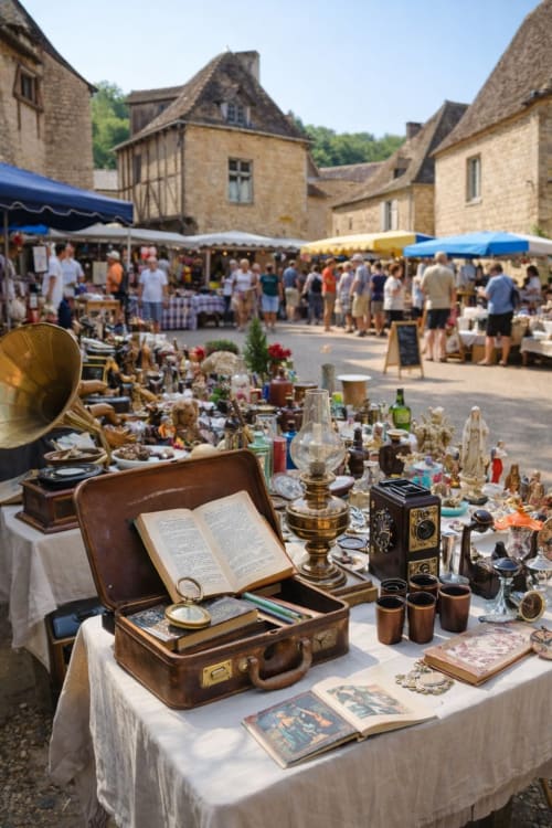 Vide-grenier en Dordogne dans un village avec objets anciens et ambiance conviviale