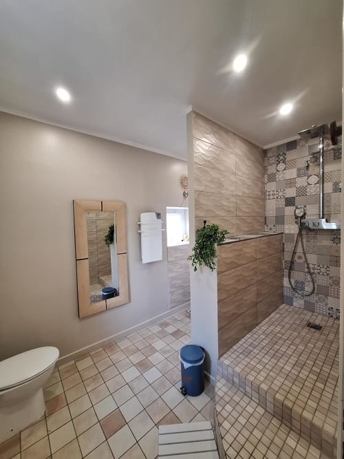 Salle de bain moderne à La Cour d'Hortense avec douche spacieuse, toilettes et miroir sur vasque