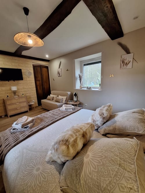Chambre moderne à La Cour d'Hortense avec lits jumeaux, poutres apparentes, suspension et vue sur le jardin