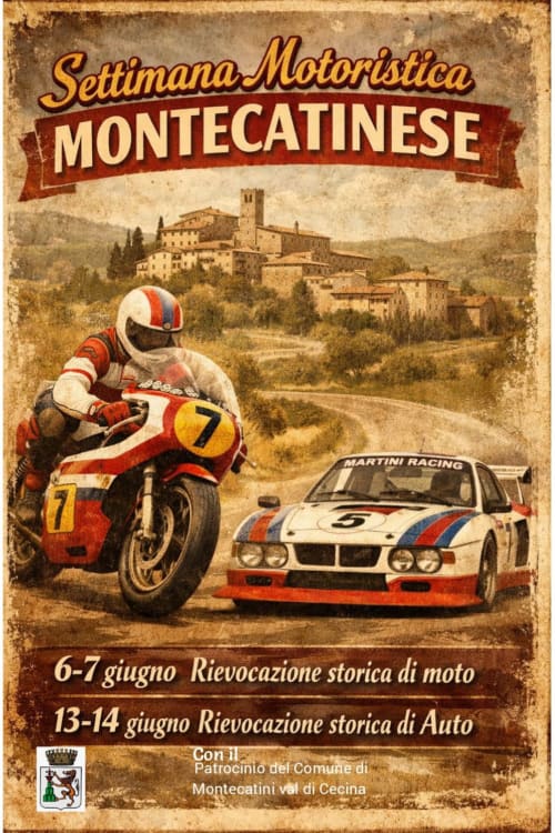 Poster vintage della Settimana Motoristica Montecatini con moto e auto da corsa Martini Racing