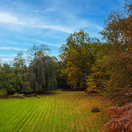 Autumn grounds at Castanea Business & Suites in Merelbeke with manicured lawn, trees, and fall foliage