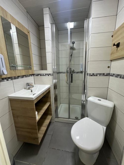 Modern bathroom in Chambre Simple Eco at Hôtel Norotel Brumath with shower, toilet, and wooden vanity sink.