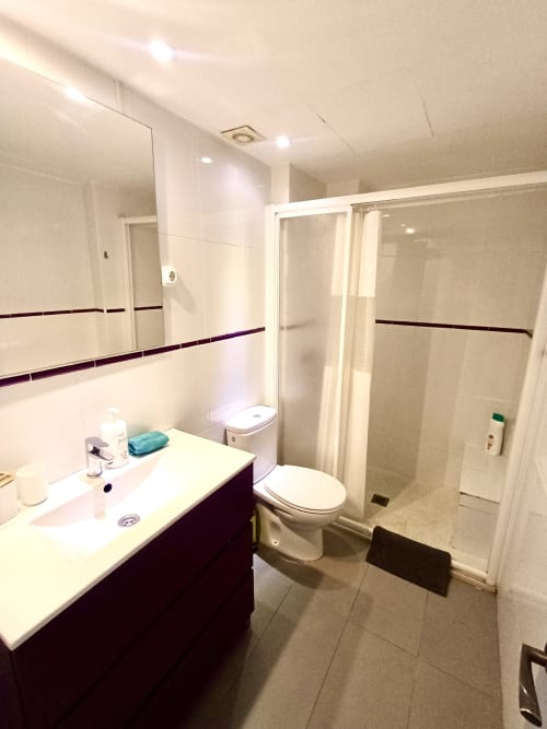 Modern bathroom in Barcelona apartment at Mira Barna with sink, toilet, and shower enclosure