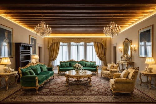 Luxurious Palazzo Titti Venice room with emerald velvet sofas, gold accents, chandeliers, and city views