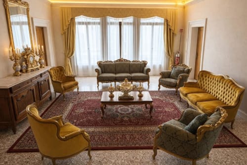 Elegant living room at Palazzo Titti Venice with gold chairs, burgundy rug, and classic furnishings