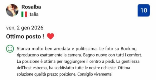 Recensione 5 stelle di Rosalba su Booking per Mappamondi B&B Venezia: stanza pulita, posizione eccellente, bagno nuovo e host accogliente