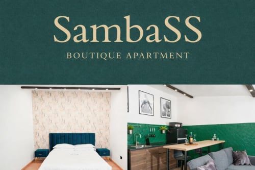 SambaSStays, aparthotel boutique a Cataldo con camera moderna con testata teal e angolo cottura con parete accent verde