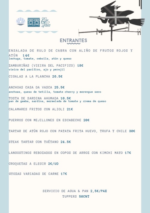 Menú del restaurante Casa da Vasca en Malpica con especialidades de mariscos y entrantes españoles