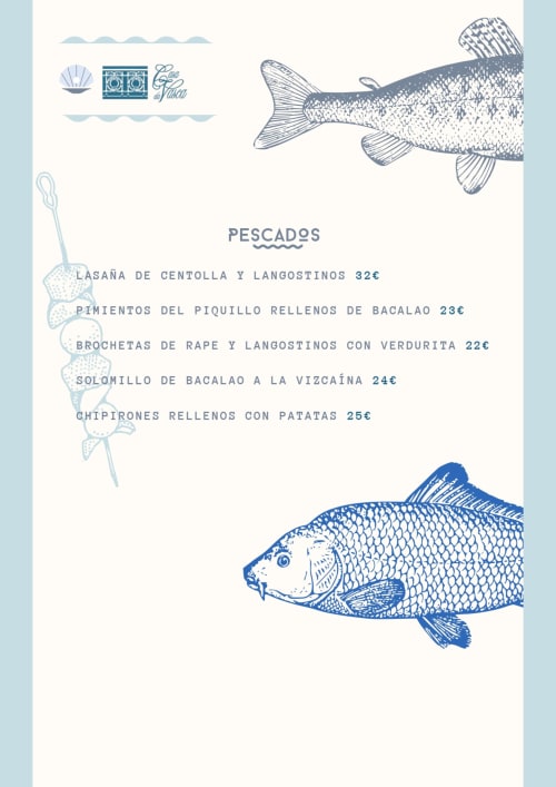 Menú de pescado de Casa da Vasca Malpica con platos de marisco como centolla y bacalao con precios