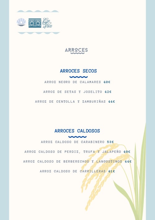 Página de menú de Casa da Vasca con arroces tradicionales españoles de Malpica
