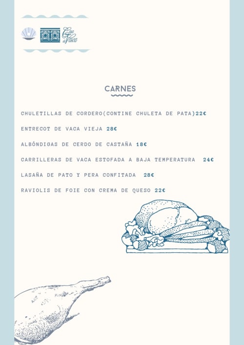 Menú de Casa da Vasca con carnes españolas y precios en euros, Malpica