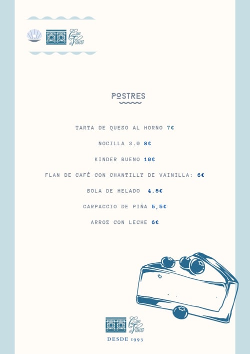Menú de postres Casa da Vasca con pasteles españoles y helados en Malpica