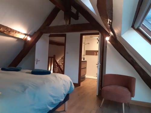 Quarto de sótão em Gites au fil des châteaux de la Loire com vigas aparentes, cama, poltrona e casa de banho privada