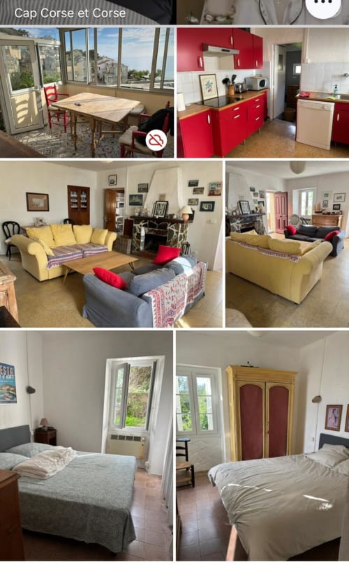 Villa Cap Corse à Brando : salle à manger, cuisine rouge, séjour avec canapé jaune, chambres avec vue mer