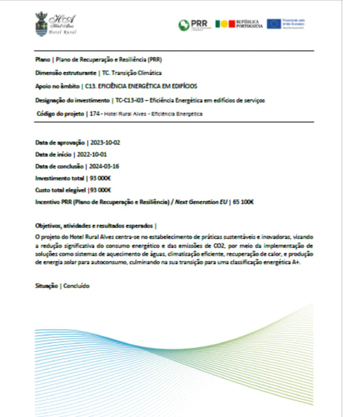 Hotel Rural Alves energy efficiency project document with PRR funding details and sustainability objectives