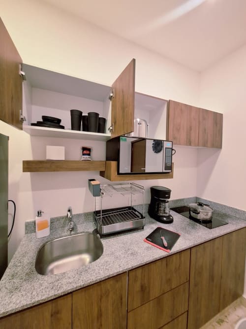 Modern kitchenette in Itzamná Suite Deluxe at Playa del Carmen hotel with granite counters, wooden cabinets, microwave, and