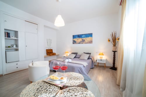 Modern studio room at Belvedere del Lago with double bed, kitchenette, dining area, and garden view