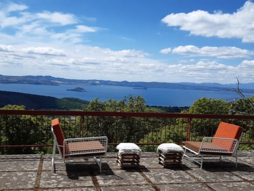 Terrace seating area at Belvedere del Lago with lake and mountain views, Montefiascone