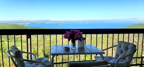 Balcony seating at Belvedere del Lago with purple flowers, overlooking Lake Bolsena near Montefiascone