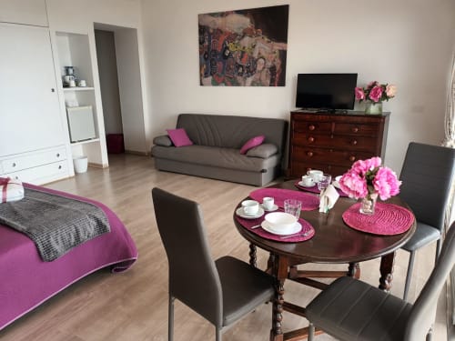 Elegant studio at Belvedere del Lago in Montefiascone with dining table, gray sofa, pink accents, wooden furniture, and