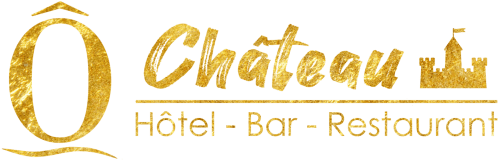 Logo de l'Ô Château Hotel Bar Restaurant en or avec silhouette de château, Hayange France