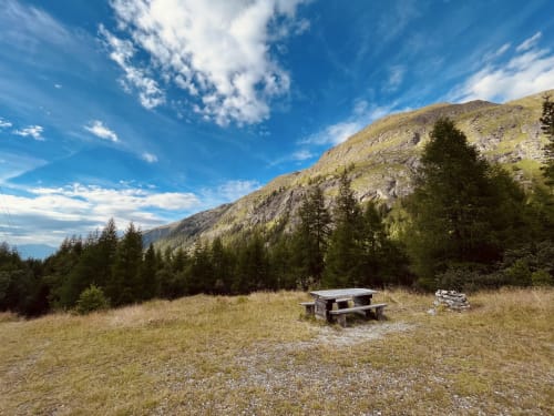 Table de pique-nique dans une prairie alpine avec chaîne de montagnes boisée à l'Hôtel De La Sage, La Sage Suisse